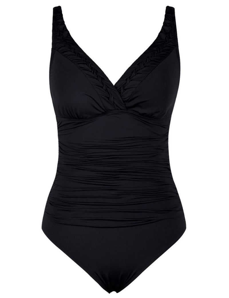 Hilor Women's One Piece Swimsuits Pin Tucked Surplice Swimwear Tummy Control Bathing Suits Monokinis Black US12 - Image 3